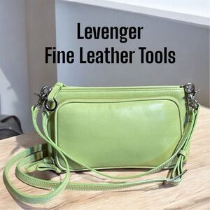 Levenger Green Leather Crossbody Bag Unisex Adjustable Strap Casual